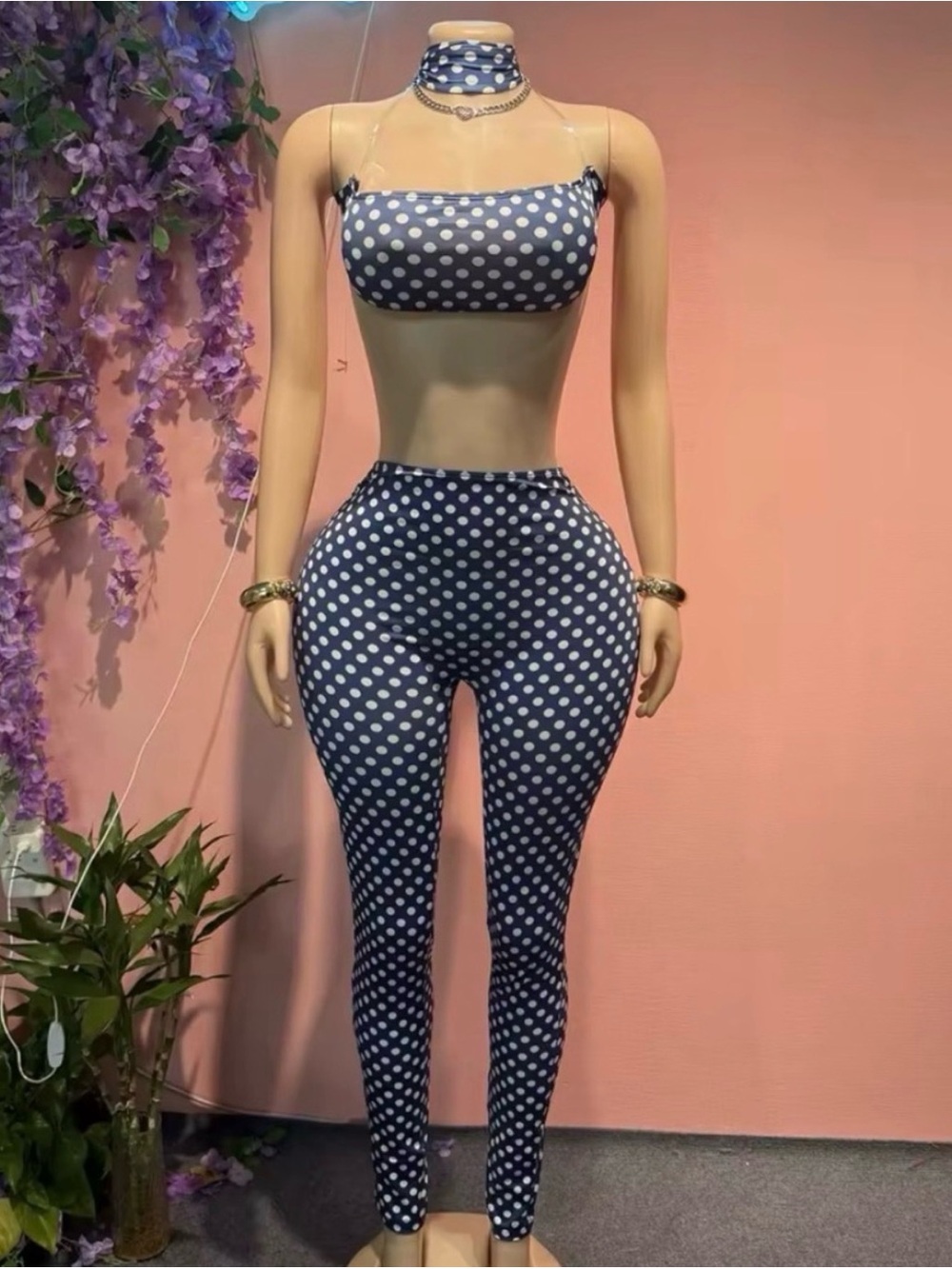 Polka Dot Navy Two-Piece Crop Top & High-Waist Leggings Set - Picture 2 of 4